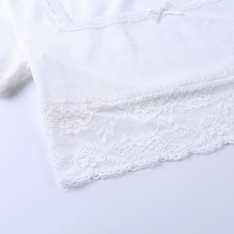 Sexy lace stitching sexy short square collar top women's short-sleeved T-shirt