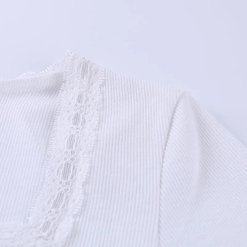 Sexy lace stitching sexy short square collar top women's short-sleeved T-shirt