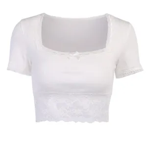 Sexy lace stitching sexy short square collar top women's short-sleeved T-shirt