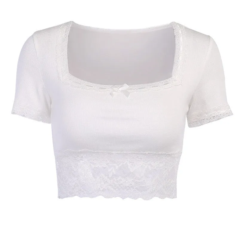 Sexy lace stitching sexy short square collar top women's short-sleeved T-shirt