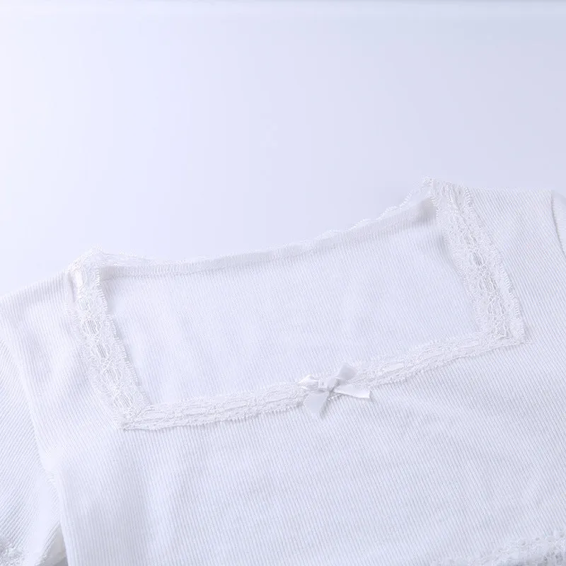 Sexy lace stitching sexy short square collar top women's short-sleeved T-shirt