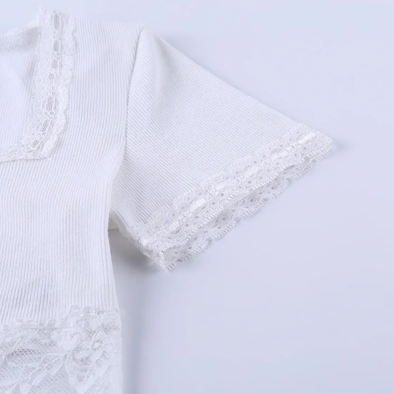 Sexy lace stitching sexy short square collar top women's short-sleeved T-shirt