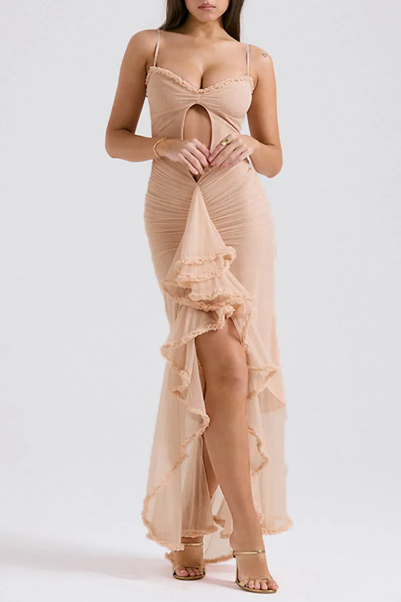 Sexy Solid Hollowed Out Flounce Mesh Strapless Irregular Dresses