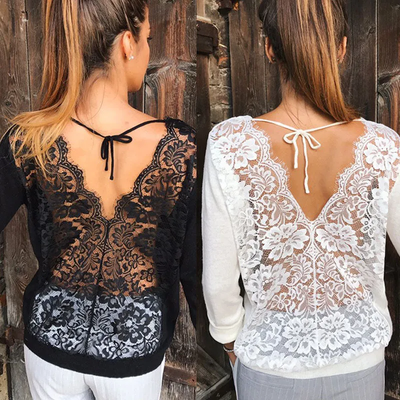 Sexy Women Long Sleeve Lace Back Casual Shirt