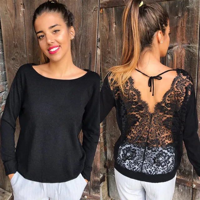 Sexy Women Long Sleeve Lace Back Casual Shirt