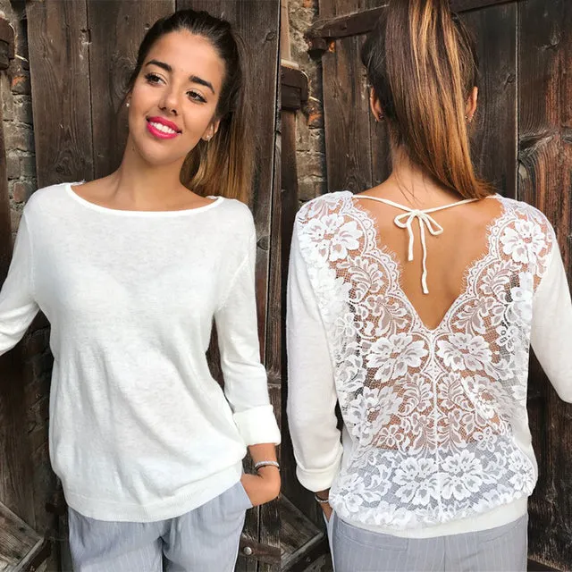 Sexy Women Long Sleeve Lace Back Casual Shirt