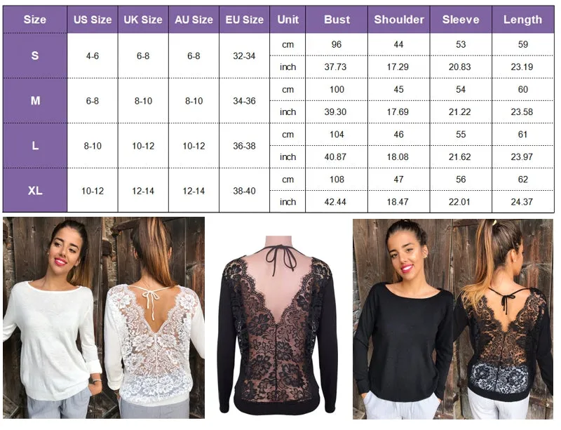 Sexy Women Long Sleeve Lace Back Casual Shirt