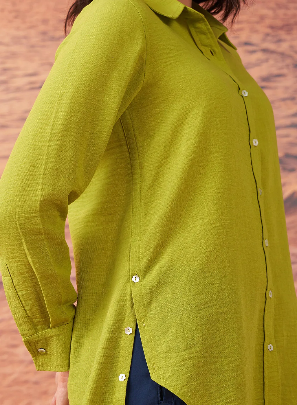 Shanaya Leaf Green Monochrome Cotton Gauze Shirt for Women