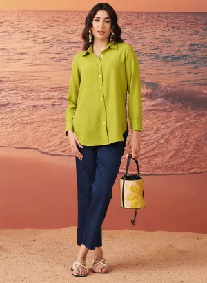 Shanaya Leaf Green Monochrome Cotton Gauze Shirt for Women