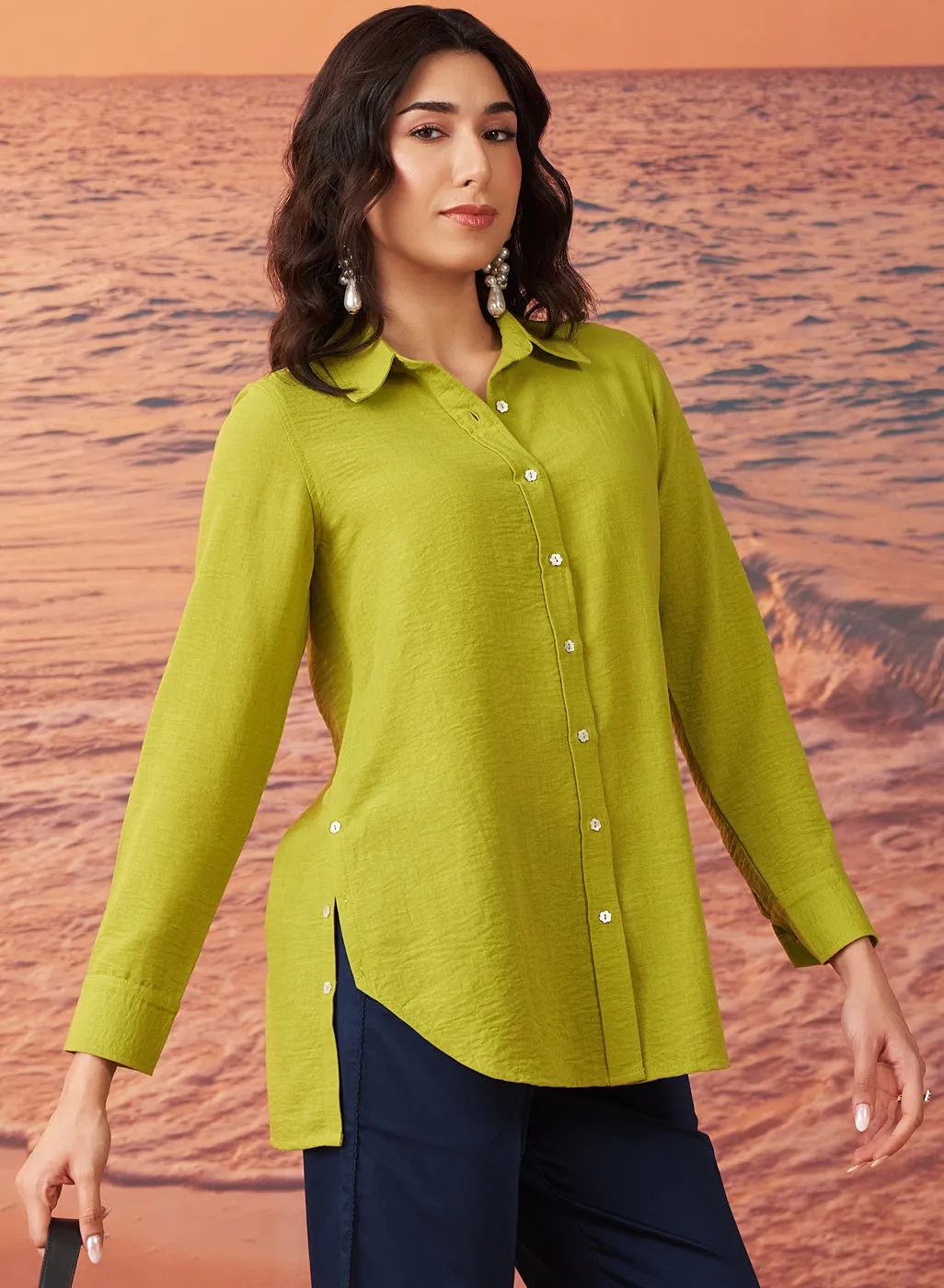 Shanaya Leaf Green Monochrome Cotton Gauze Shirt for Women