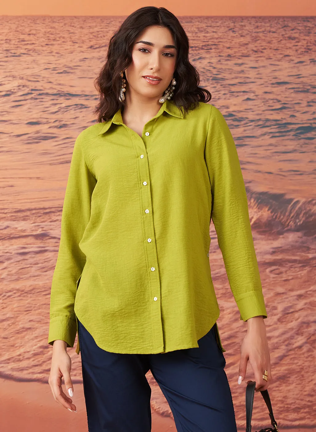 Shanaya Leaf Green Monochrome Cotton Gauze Shirt for Women