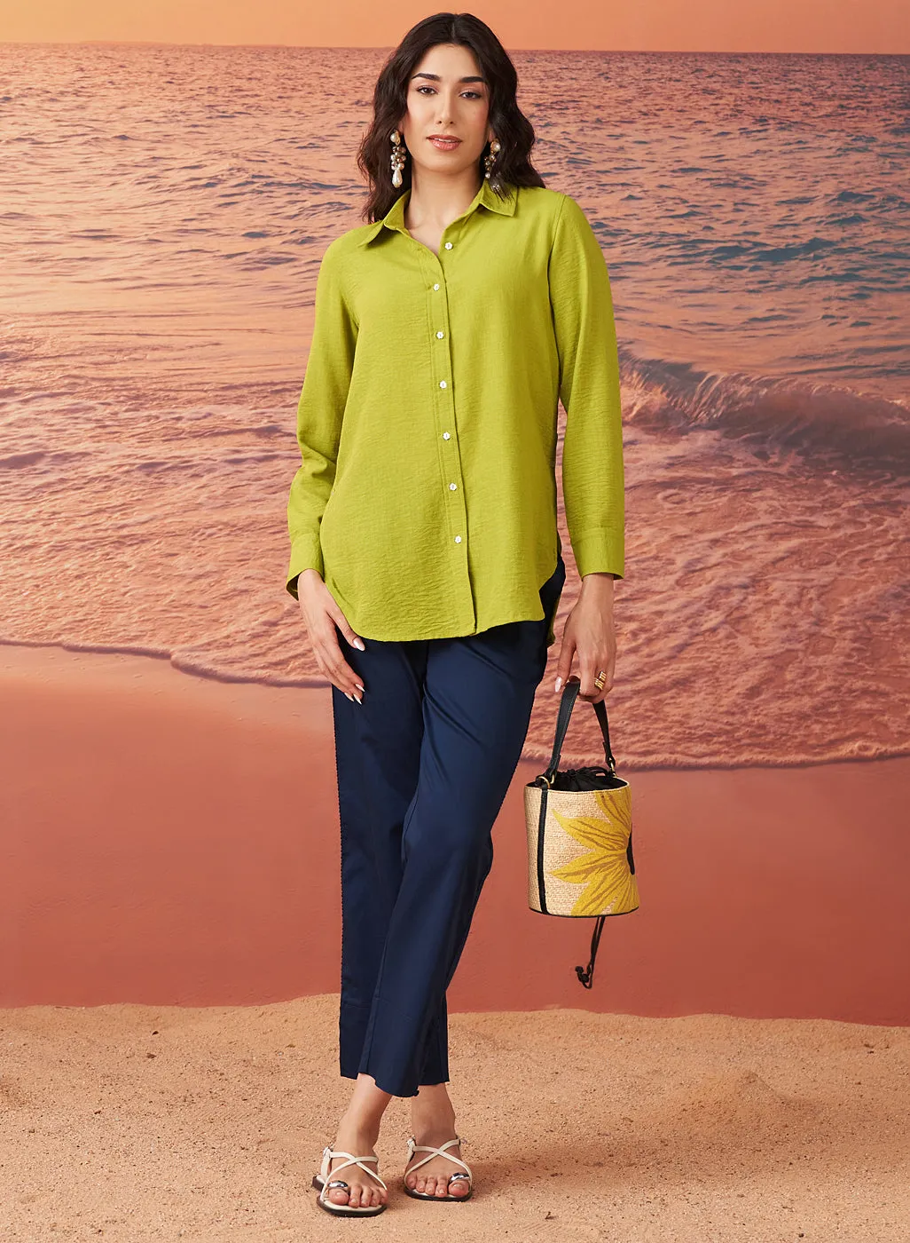 Shanaya Leaf Green Monochrome Cotton Gauze Shirt for Women