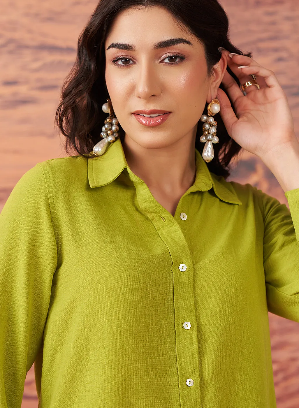 Shanaya Leaf Green Monochrome Cotton Gauze Shirt for Women