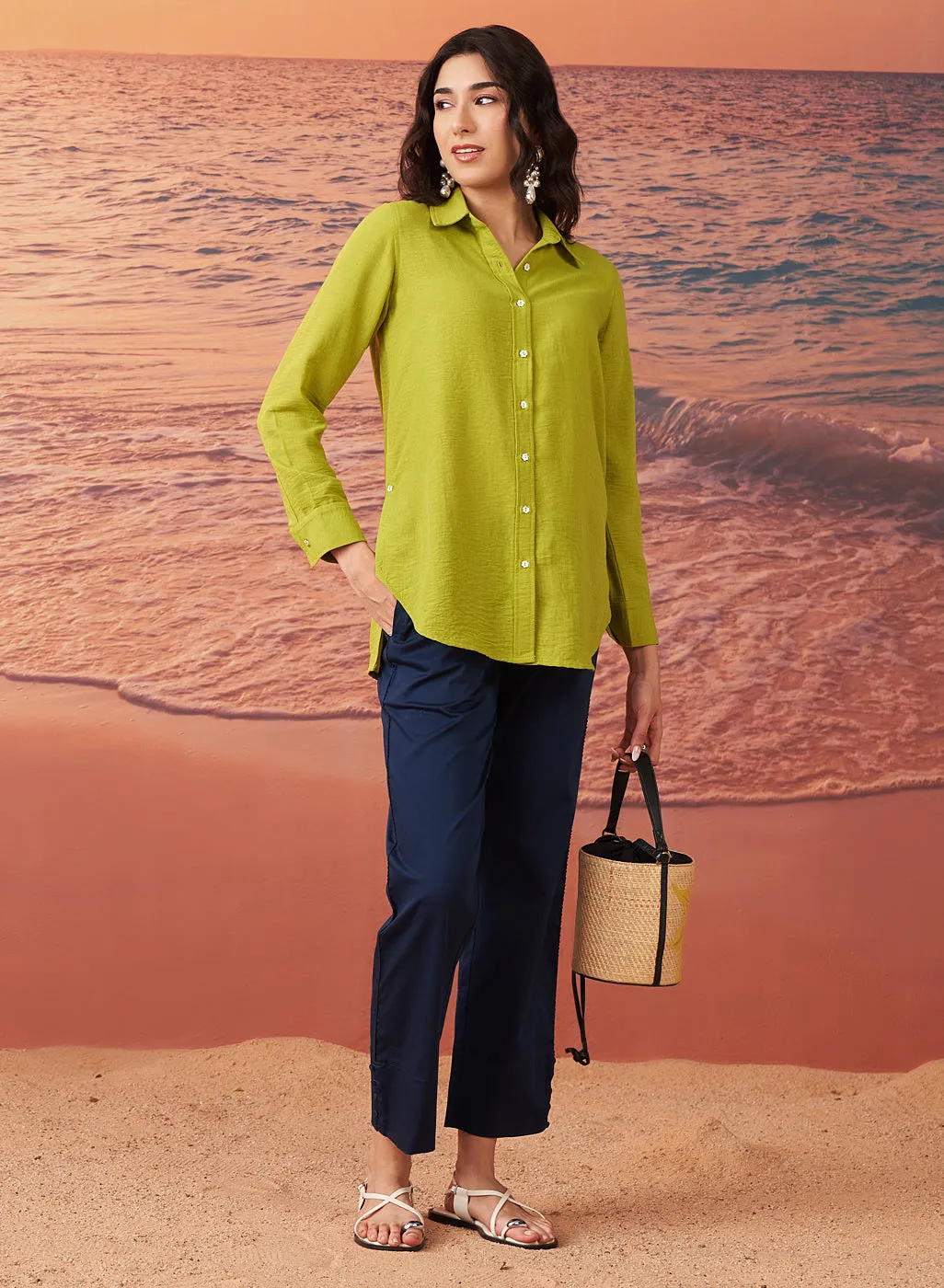 Shanaya Leaf Green Monochrome Cotton Gauze Shirt for Women