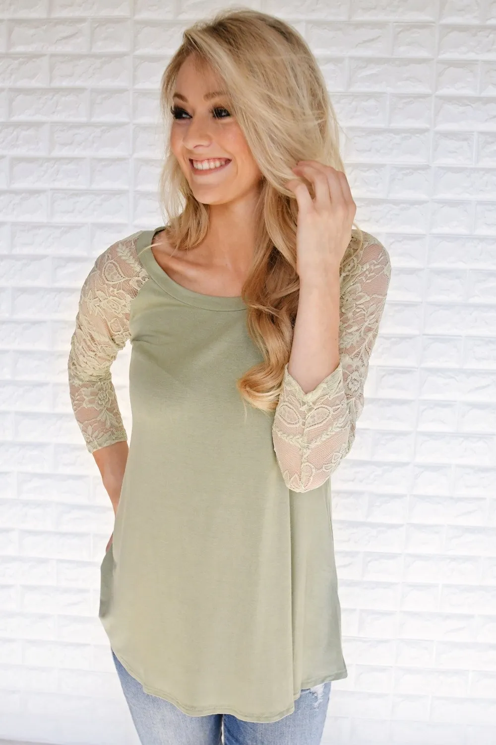She's a Charmer Olive Lace Sleeve Top