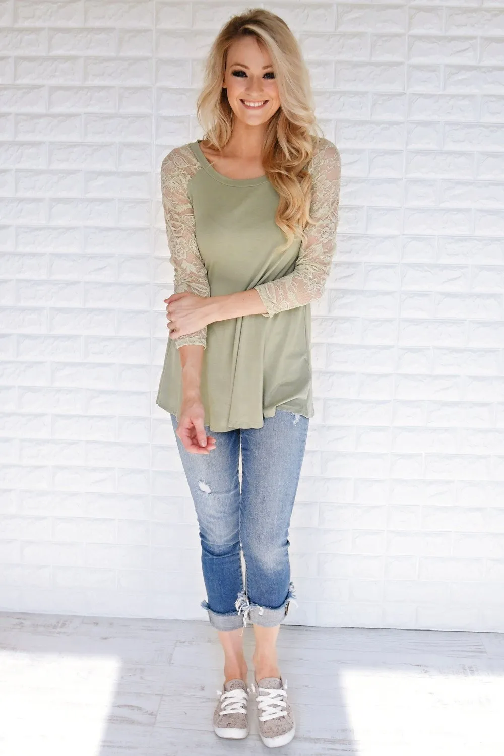 She's a Charmer Olive Lace Sleeve Top