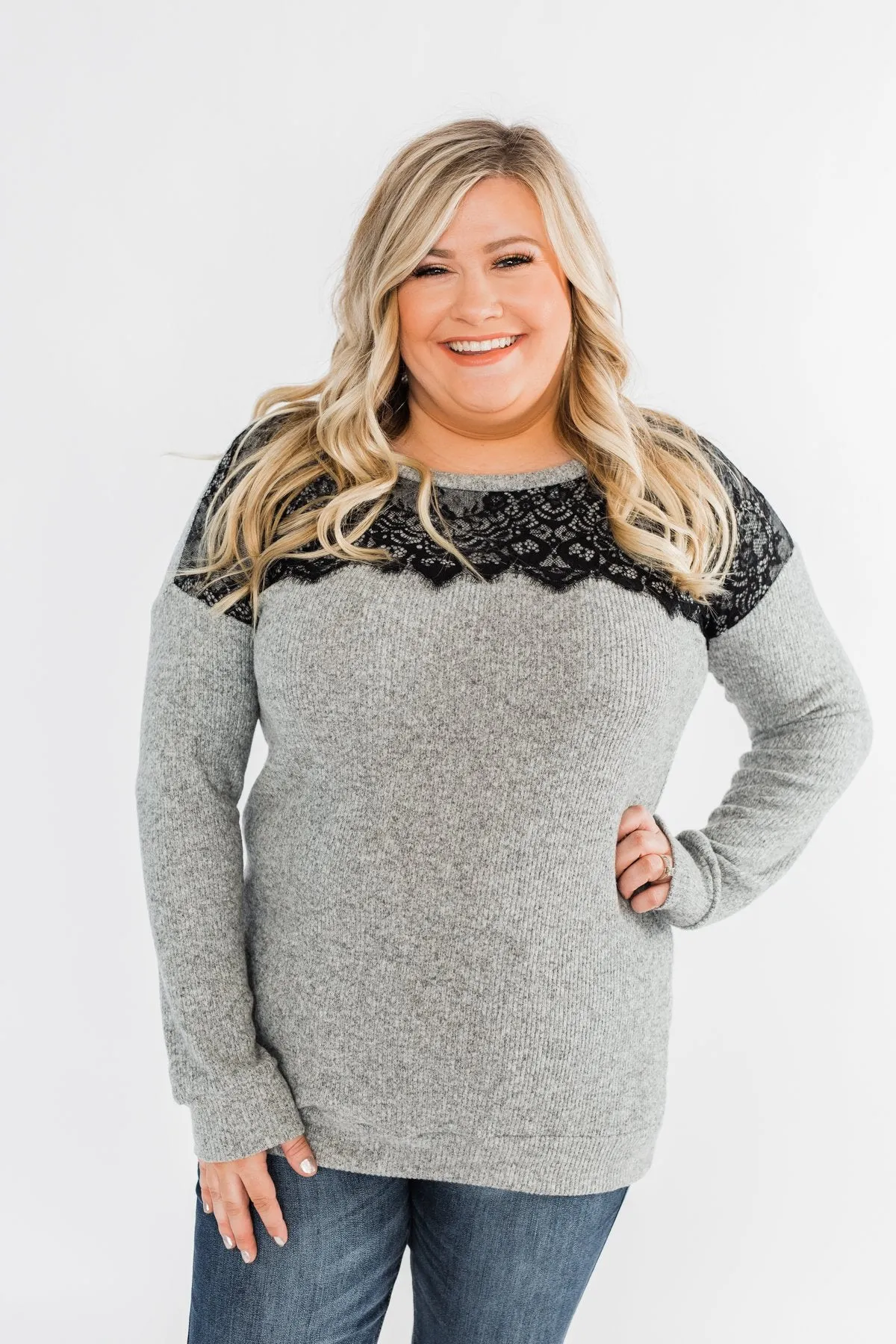 Show Stopper Black Lace Top- Grey