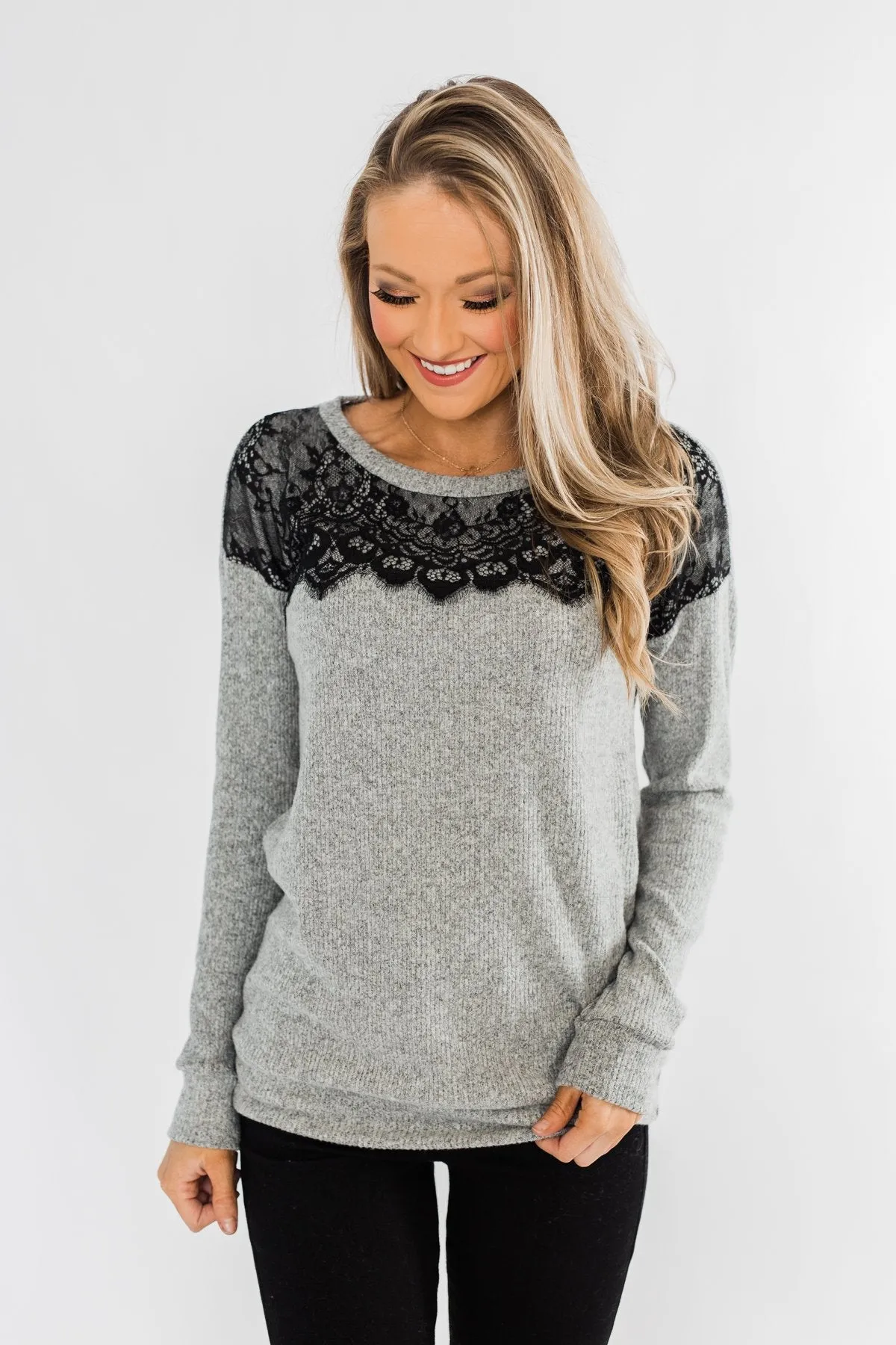 Show Stopper Black Lace Top- Grey