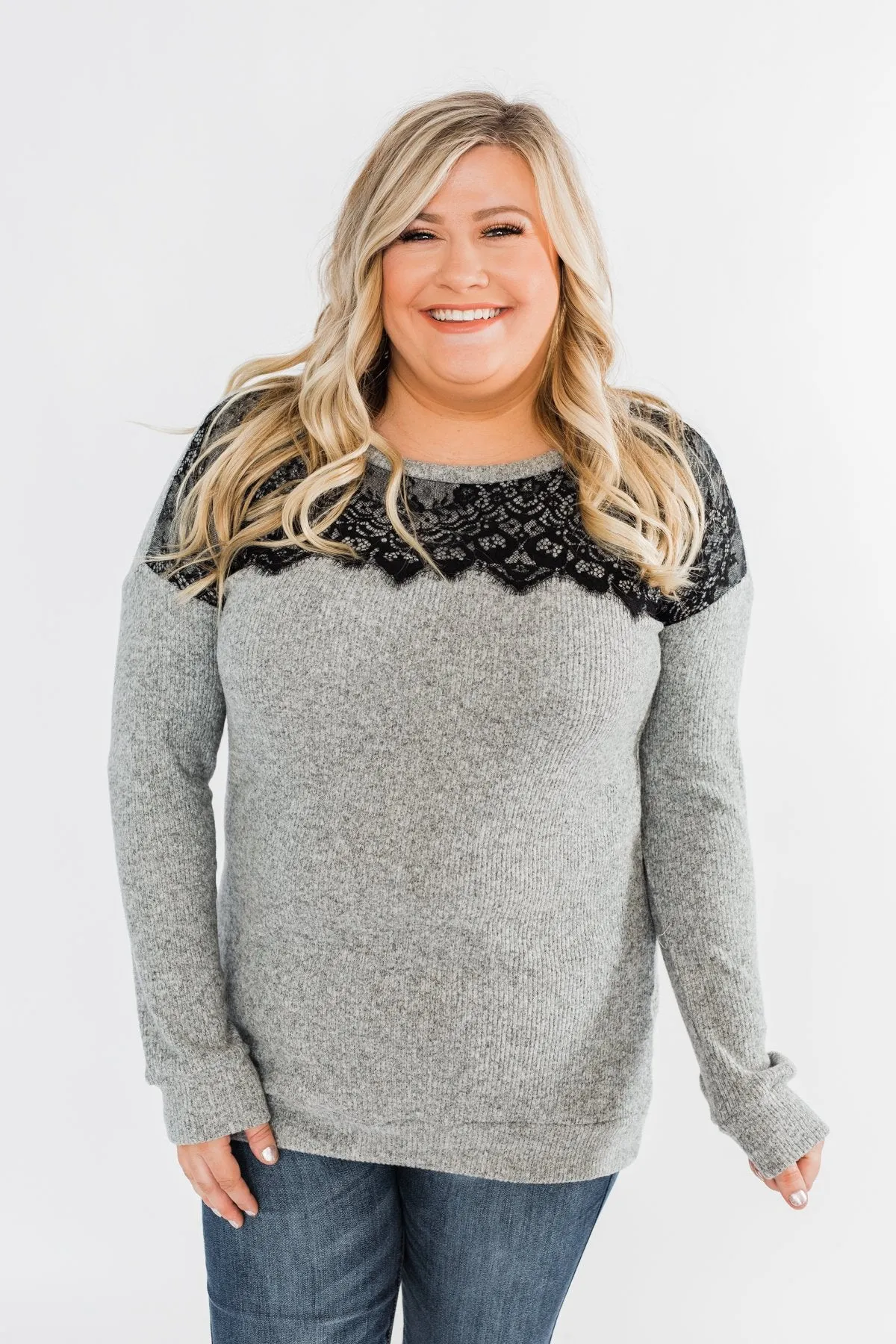 Show Stopper Black Lace Top- Grey
