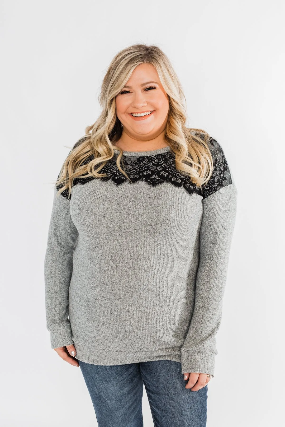 Show Stopper Black Lace Top- Grey