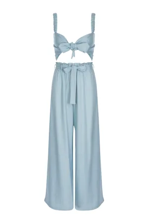 Sky - Linen Ruched Sleeve Tie Top
