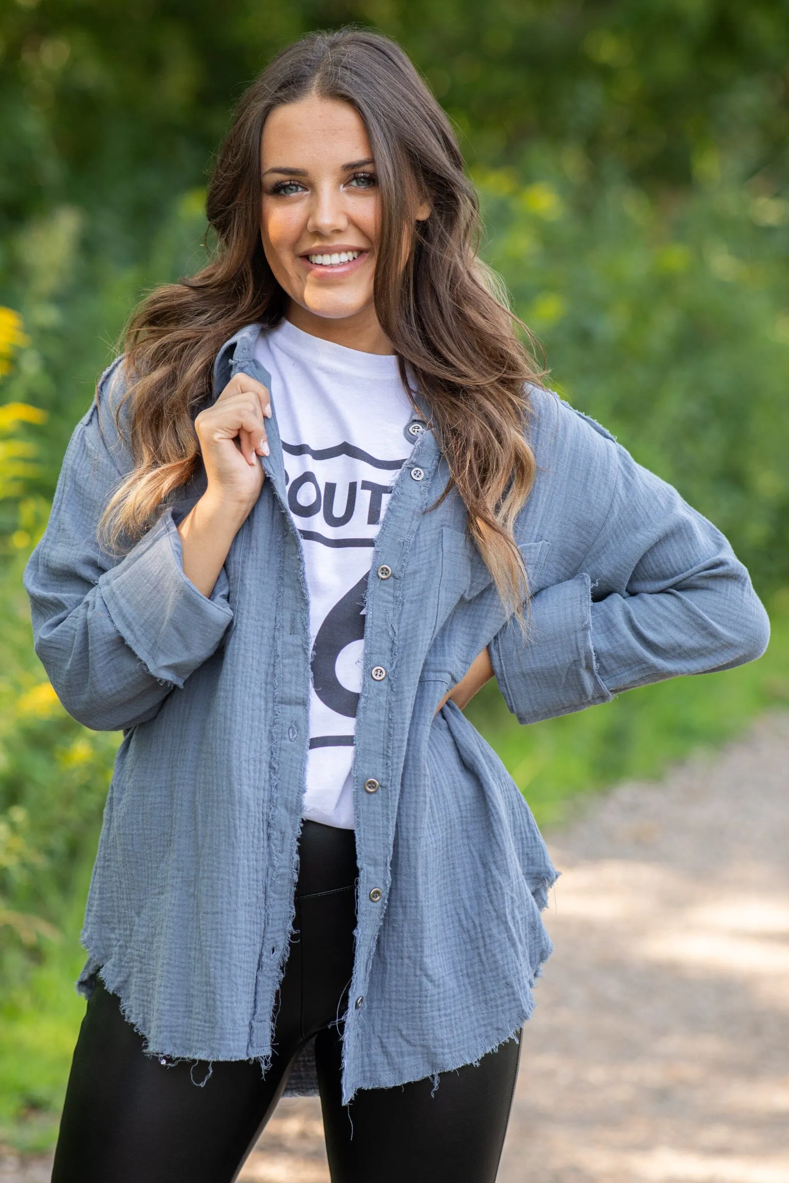 Slate Blue Gauze Textured Button Up Top