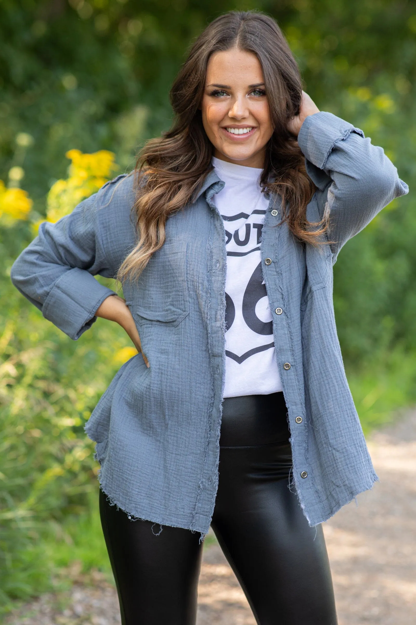 Slate Blue Gauze Textured Button Up Top