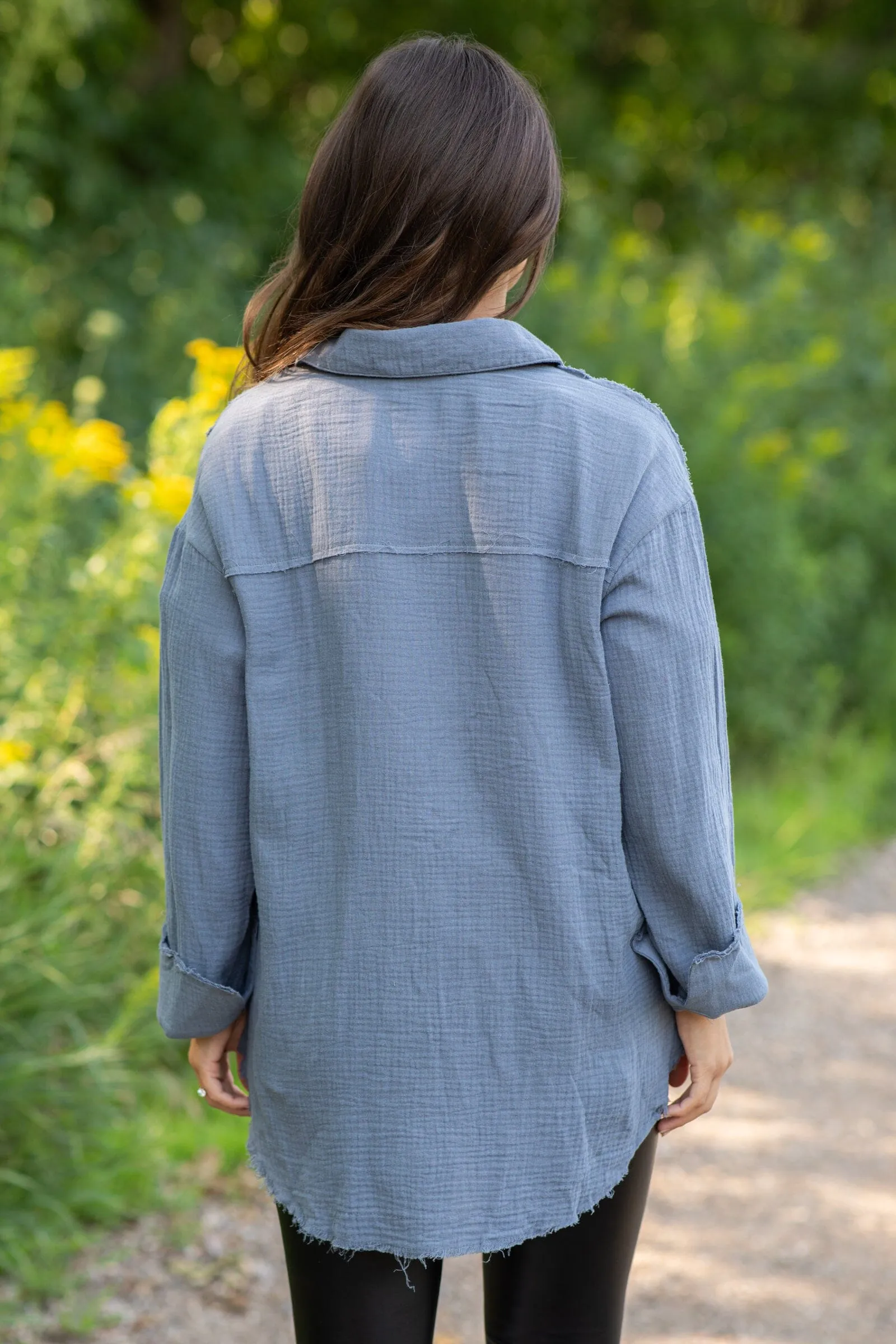 Slate Blue Gauze Textured Button Up Top