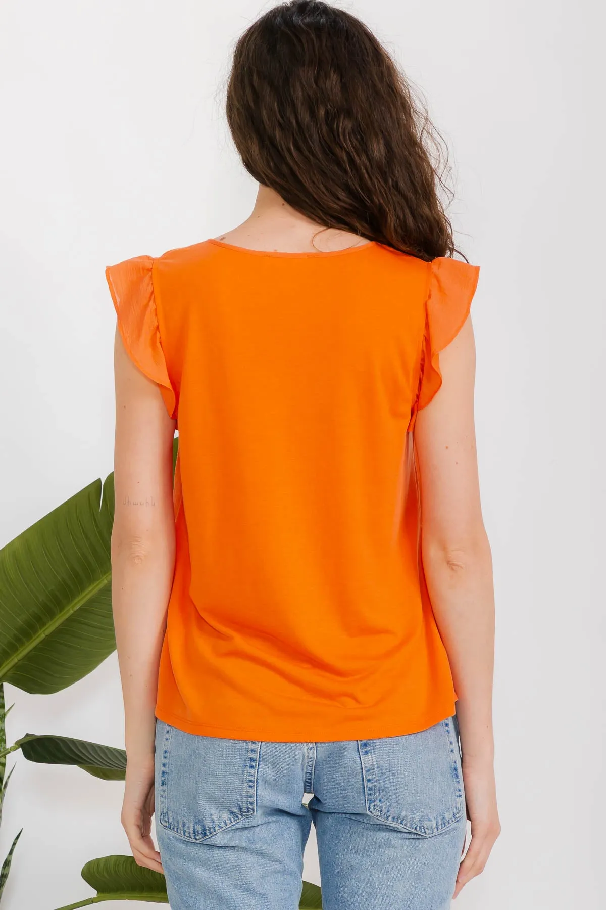 SLEEVELESS MIX MEDIA PAPAYA GAUZE PINTUCK TIE RUFFLE DETAIL TANK