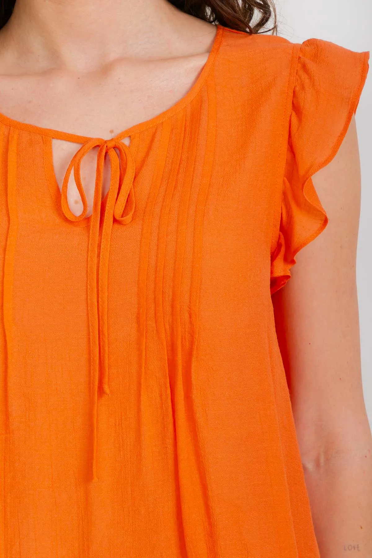 SLEEVELESS MIX MEDIA PAPAYA GAUZE PINTUCK TIE RUFFLE DETAIL TANK