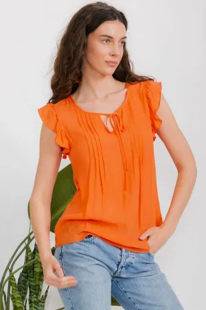 SLEEVELESS MIX MEDIA PAPAYA GAUZE PINTUCK TIE RUFFLE DETAIL TANK