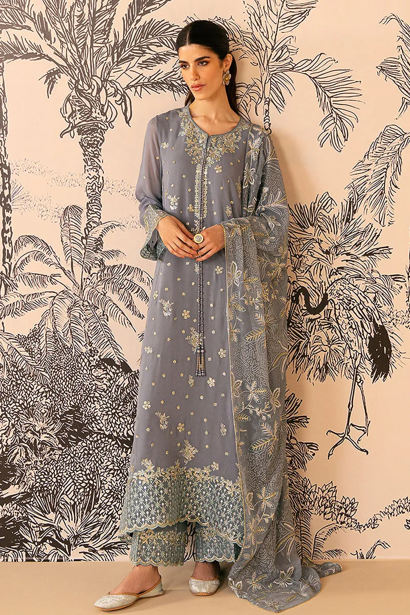 SMOKE BLUE-4 PIECE EMBROIDERED CHIFFON SUIT