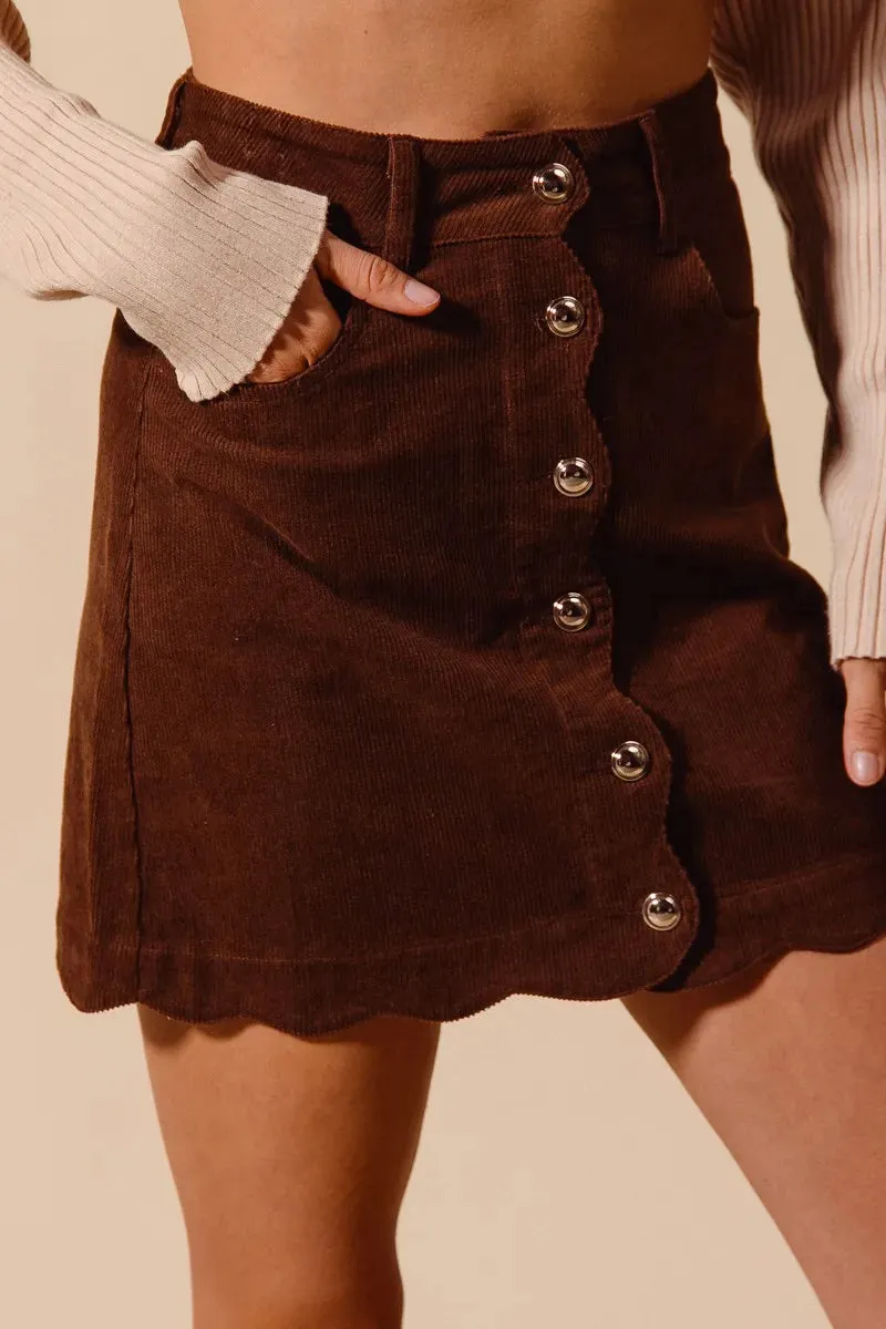 SO ME Scallop Buttoned Front Corduroy Mini Skirt
