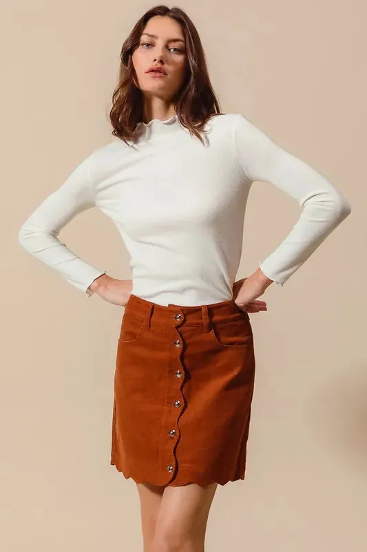 SO ME Scallop Buttoned Front Corduroy Mini Skirt