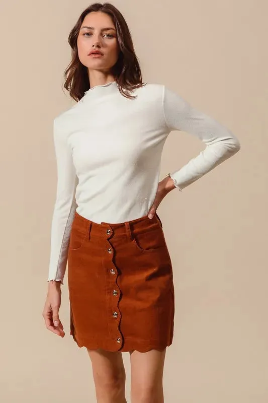 SO ME Scallop Buttoned Front Corduroy Mini Skirt