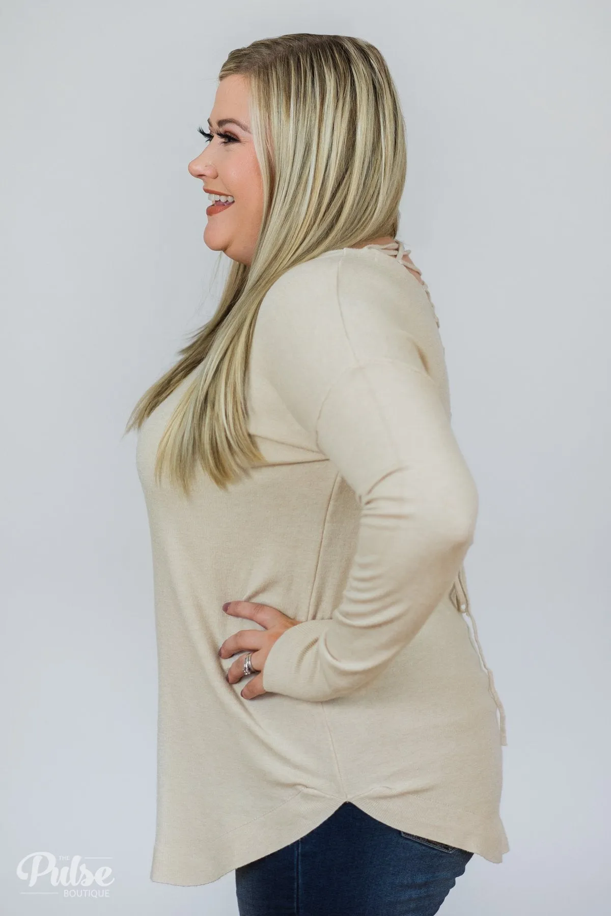 Soft Bliss Lace Down Back Sweater- Oatmeal