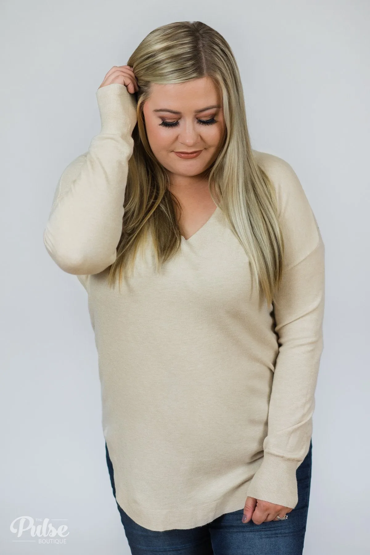 Soft Bliss Lace Down Back Sweater- Oatmeal