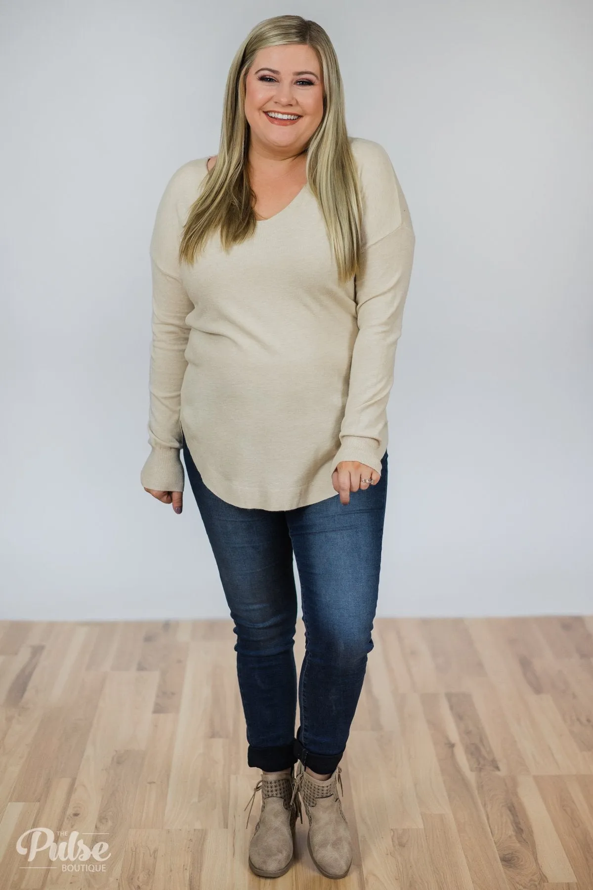 Soft Bliss Lace Down Back Sweater- Oatmeal