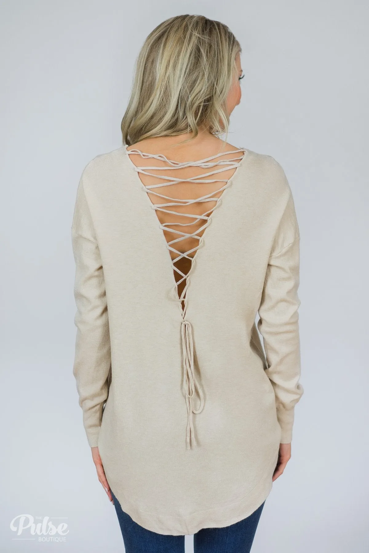 Soft Bliss Lace Down Back Sweater- Oatmeal