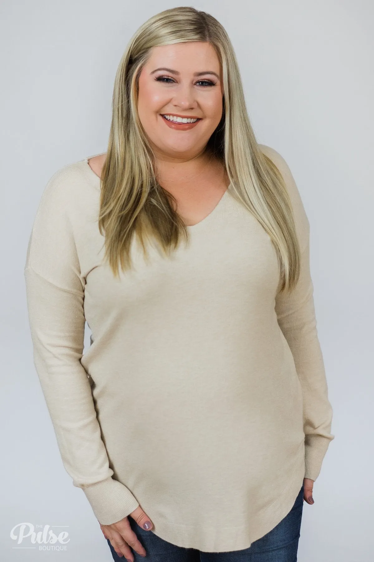 Soft Bliss Lace Down Back Sweater- Oatmeal