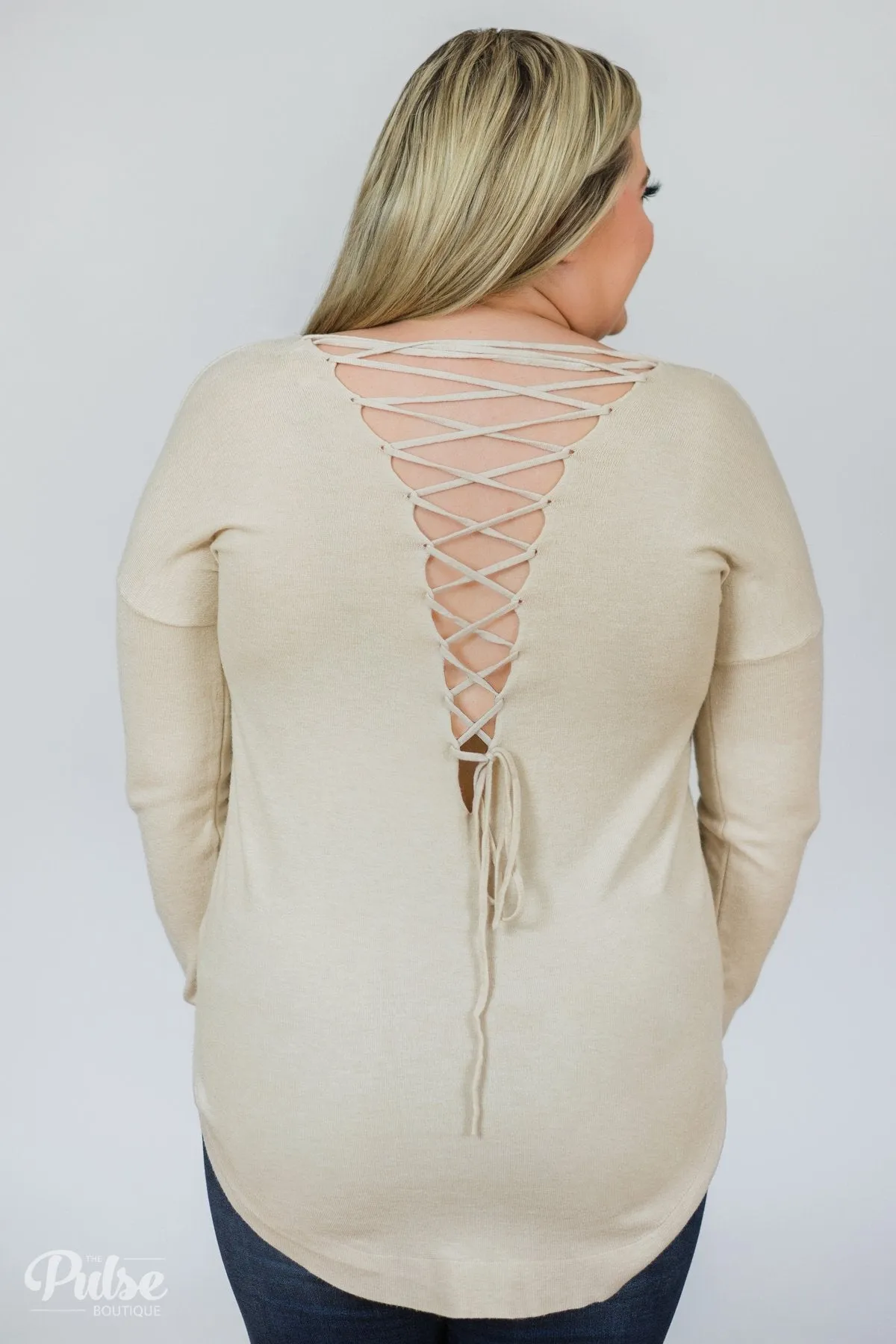 Soft Bliss Lace Down Back Sweater- Oatmeal