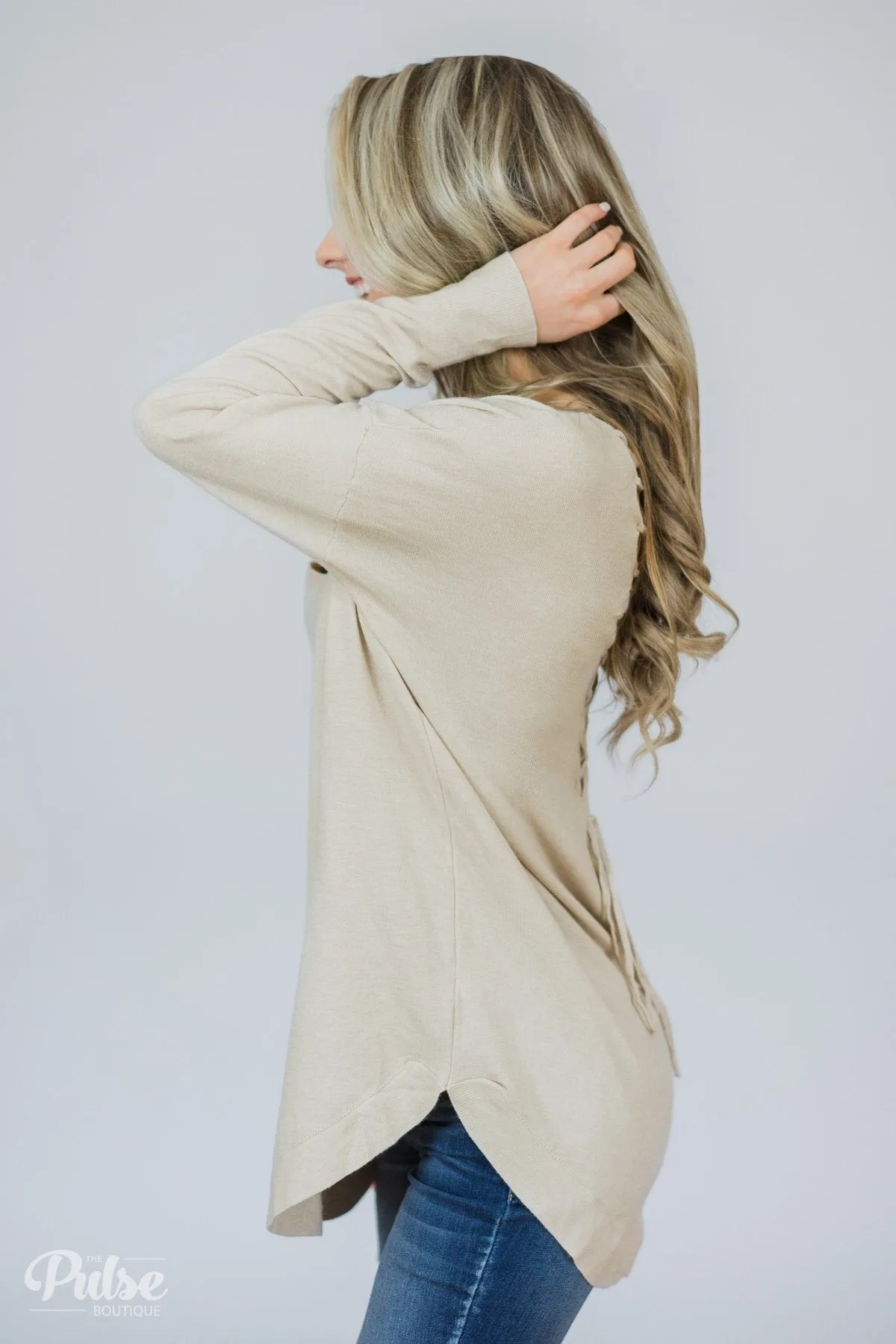 Soft Bliss Lace Down Back Sweater- Oatmeal