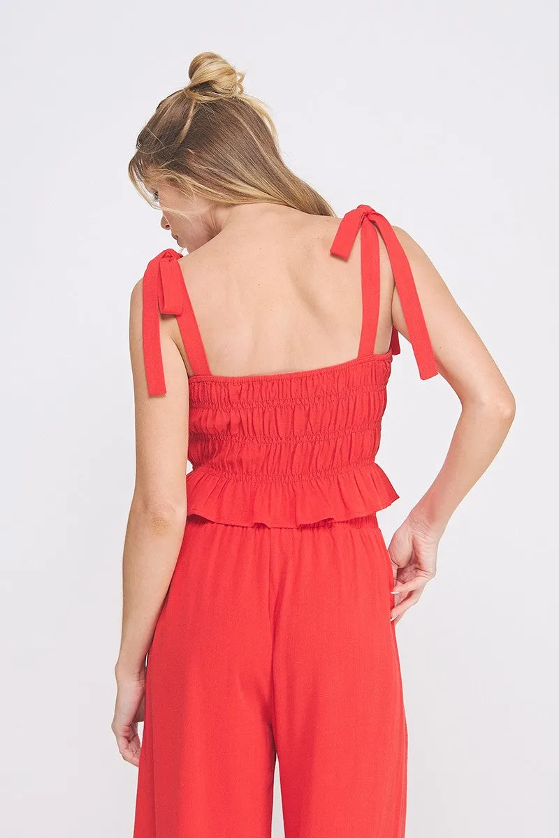 soft linen smocked tie straps tank