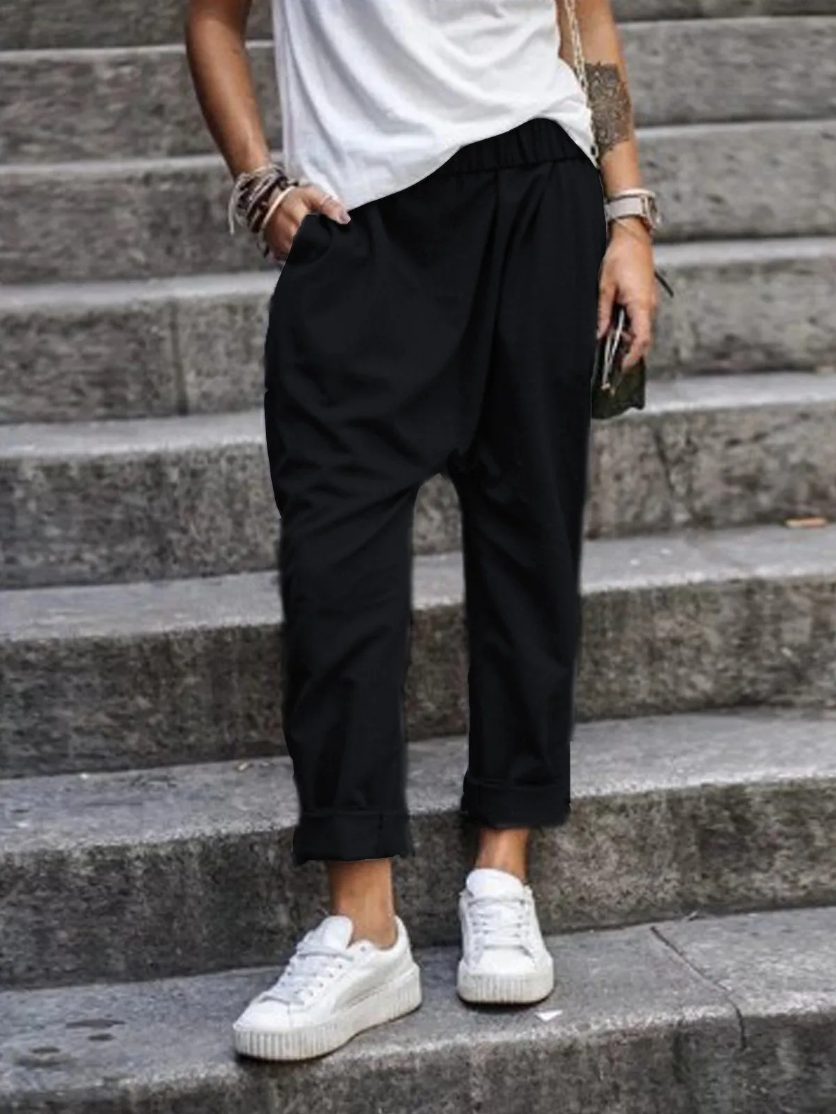Solid Color High Waist Harem Pants