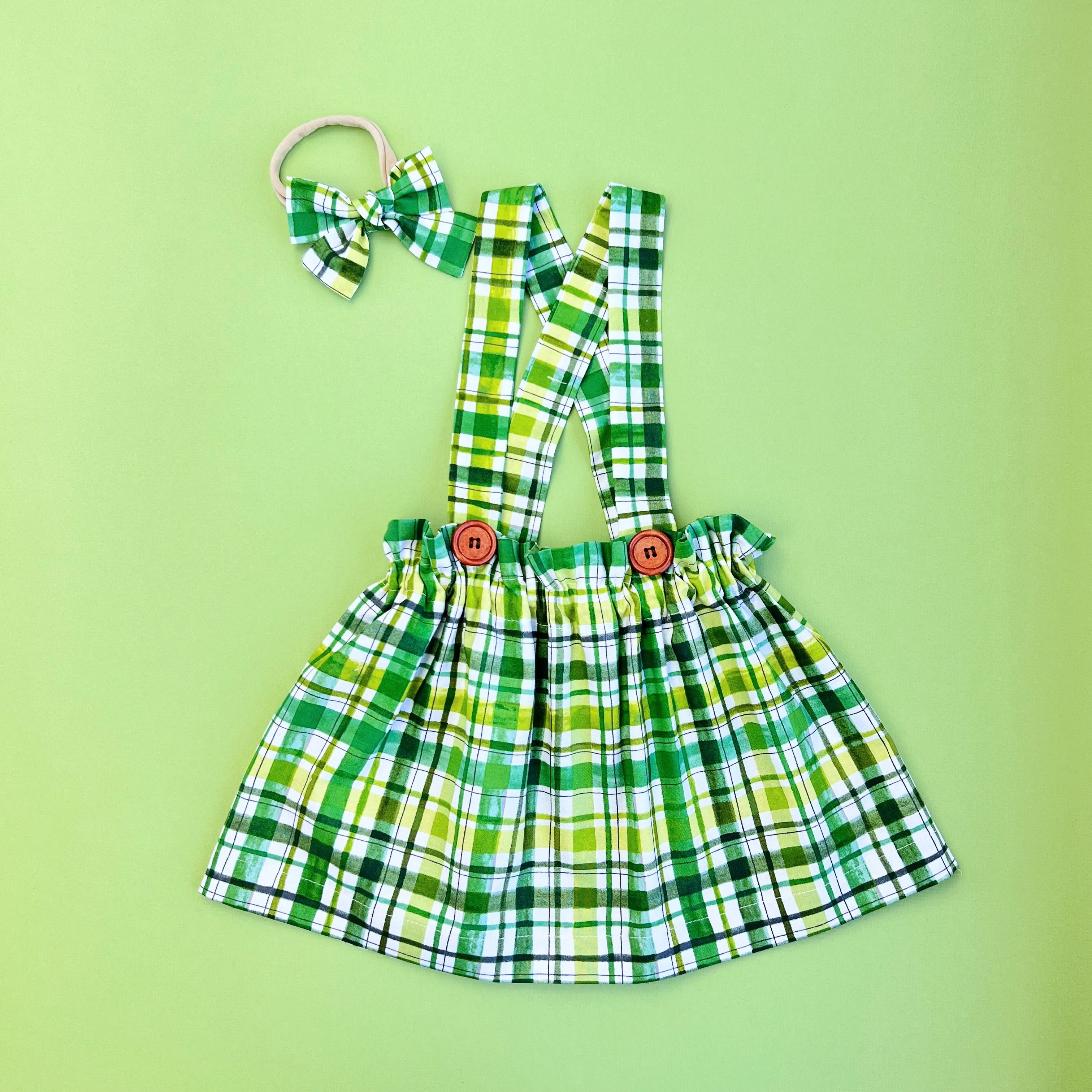 St. Patrick’s Day baby girl outfit. Plaid green skirt Set. Plaid toddler girl outfit