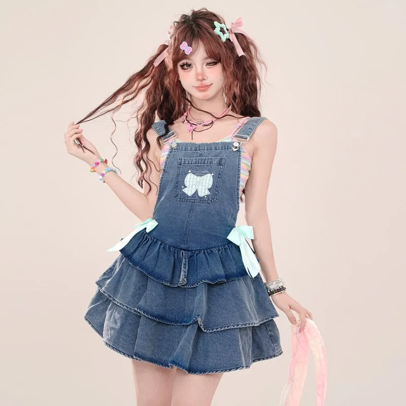 Summer Sweet Princess Style Blue Denim Suspender Skirt