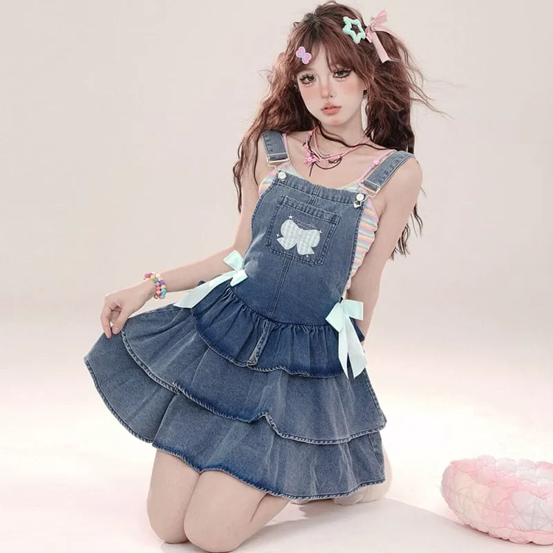 Summer Sweet Princess Style Blue Denim Suspender Skirt