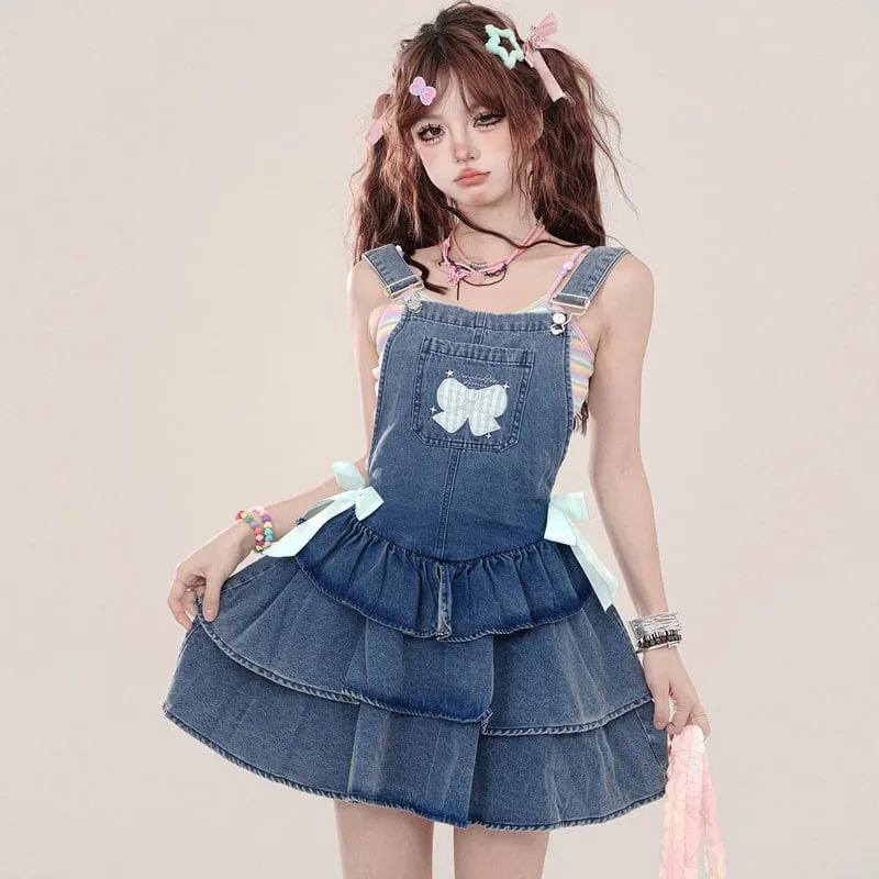 Summer Sweet Princess Style Blue Denim Suspender Skirt