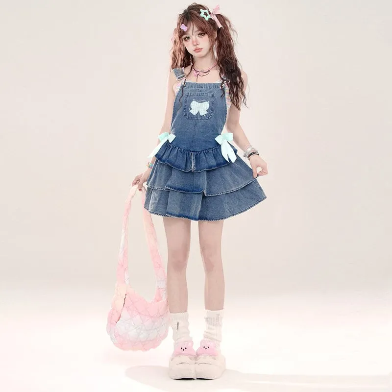Summer Sweet Princess Style Blue Denim Suspender Skirt