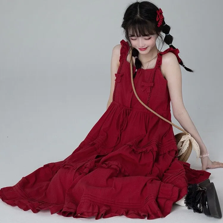 Sweet And Cute Style Red Suspender Dress